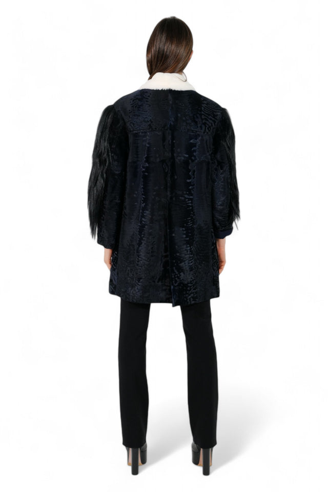 Valentino Midnight Black Textured Coat with Faux Fur Sleeves