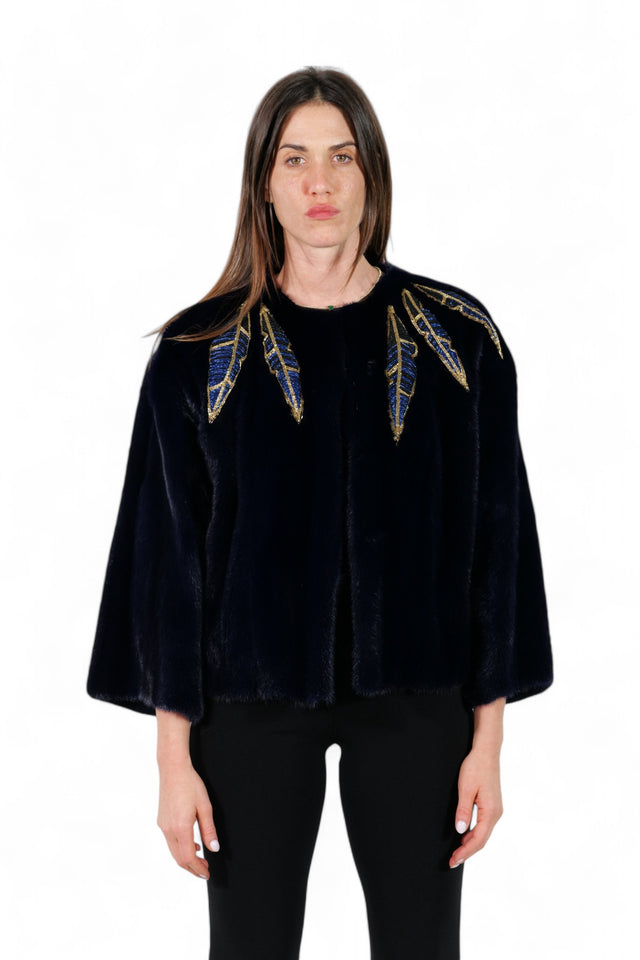 Valentino Navy Mink Jacket with Embroidered Feathers