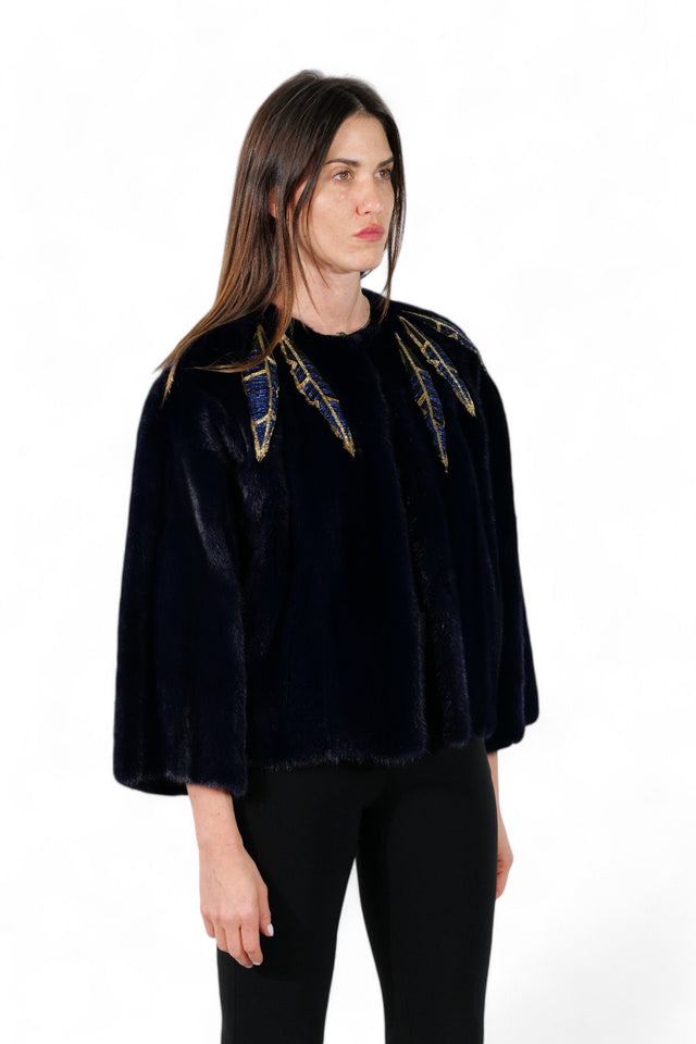 Valentino Navy Mink Jacket with Embroidered Feathers
