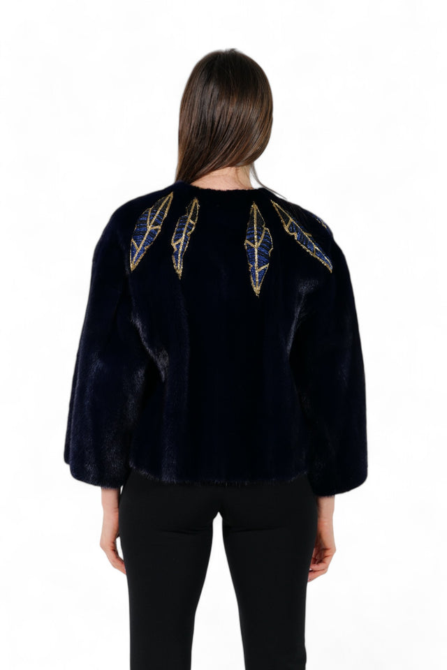 Valentino Navy Mink Jacket with Embroidered Feathers