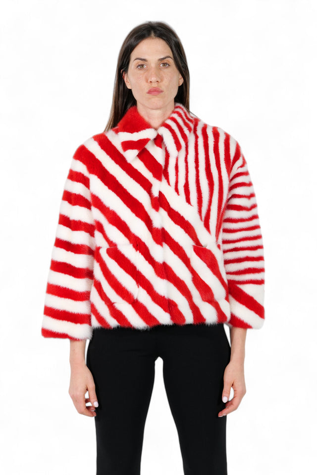Valentino Red and White Striped Mink Fur Jacket