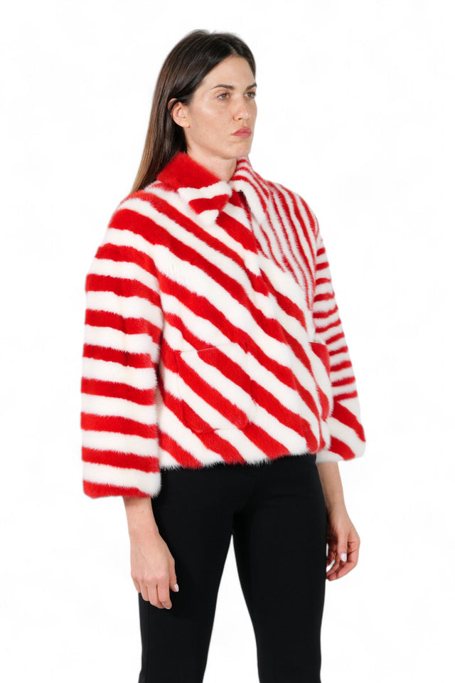 Valentino Red and White Striped Mink Fur Jacket