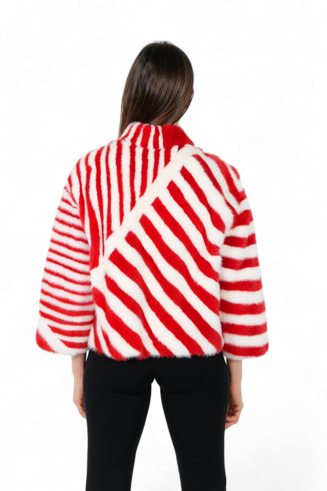Valentino Red and White Striped Mink Fur Jacket