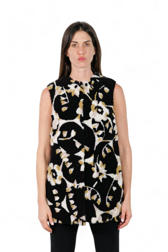 Valentino Floral Print Sleeveless Lamb Fur Vest