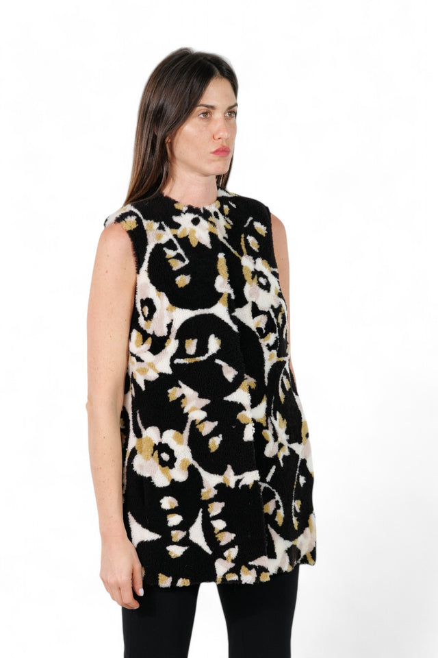 Valentino Floral Print Sleeveless Lamb Fur Vest
