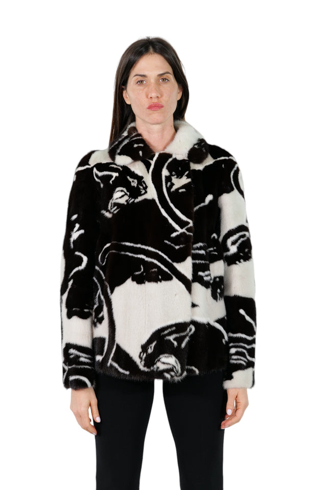 Valentino Artistic Black and White Mink Fur Jacket with Panther Pattern