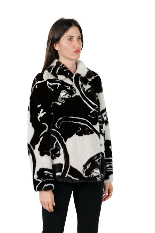 Valentino Artistic Black and White Mink Fur Jacket with Panther Pattern