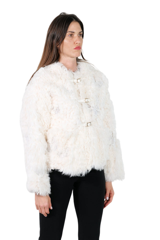 Valentino Shearling Fur Jacket with Buckle Closures in Ivory