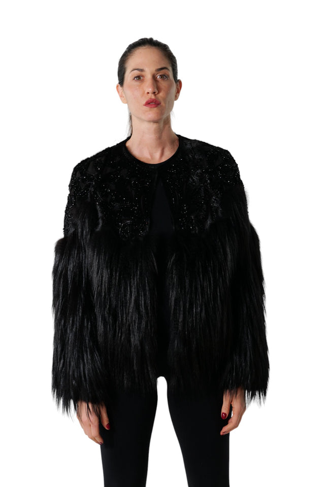 Valentino Black Beaded and Fur Statement Jacket