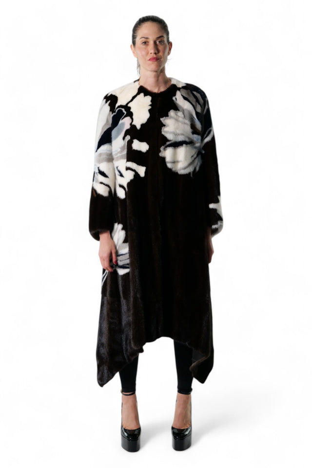 Valentino Floral-Patterned Mink Fur Coat with Asymmetrical Hem