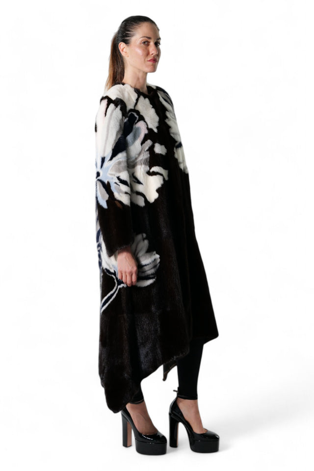 Valentino Floral-Patterned Mink Fur Coat with Asymmetrical Hem