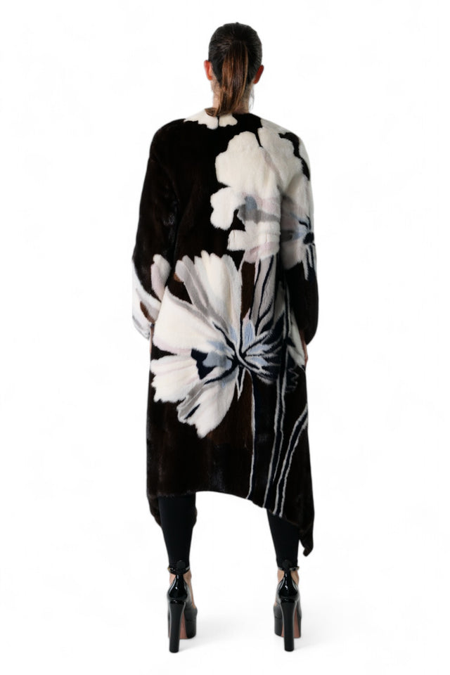 Valentino Floral-Patterned Mink Fur Coat with Asymmetrical Hem