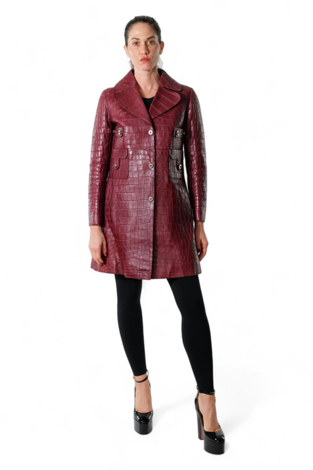 Valentino Burgundy Crocodile-Embossed Leather Trench Coat
