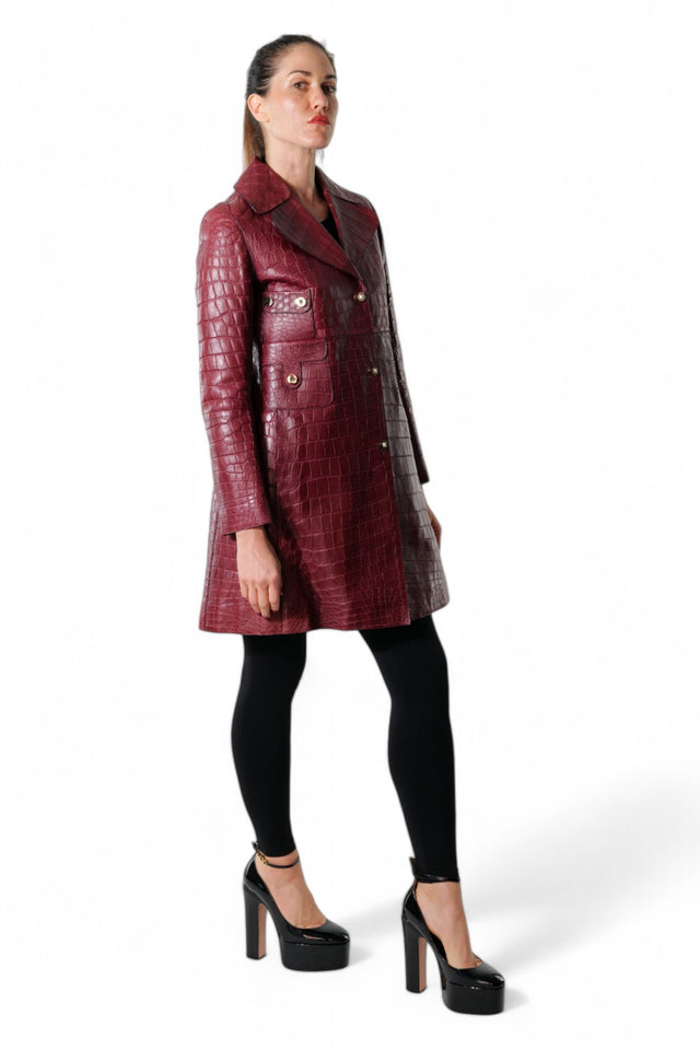 Valentino Burgundy Crocodile-Embossed Leather Trench Coat