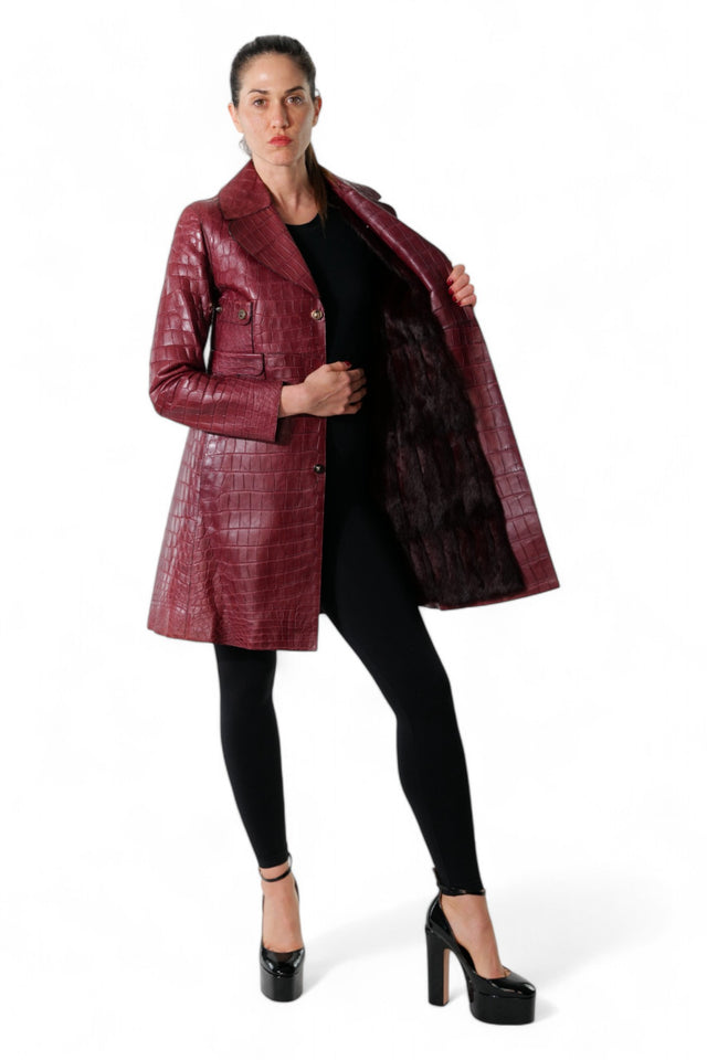 Valentino Burgundy Crocodile-Embossed Leather Trench Coat