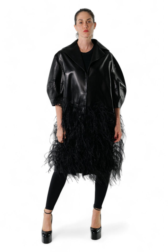 Valentino Black Leather and Feather Overlay Coat