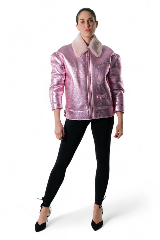 Valentino Metallic Pink Shearling Collar Jacket