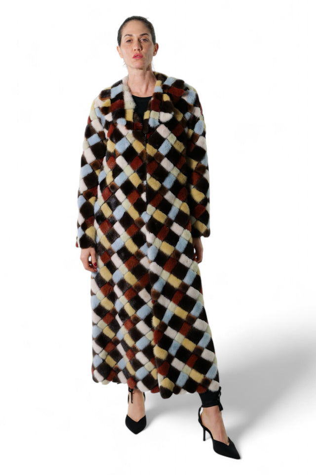 Valentino Multicolor Diamond-Patterned Long Fur Mink Coat
