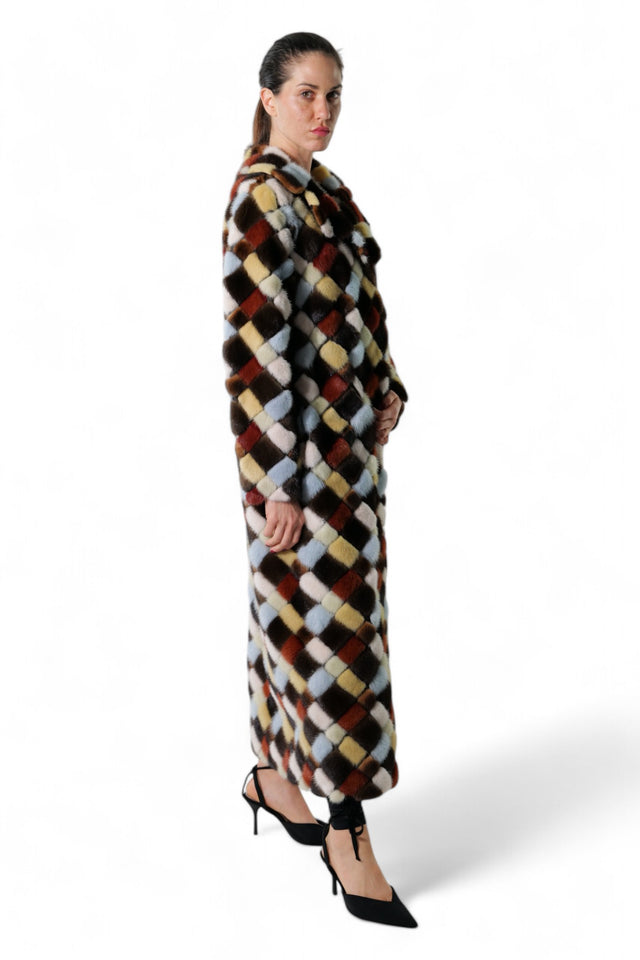 Valentino Multicolor Diamond-Patterned Long Fur Mink Coat