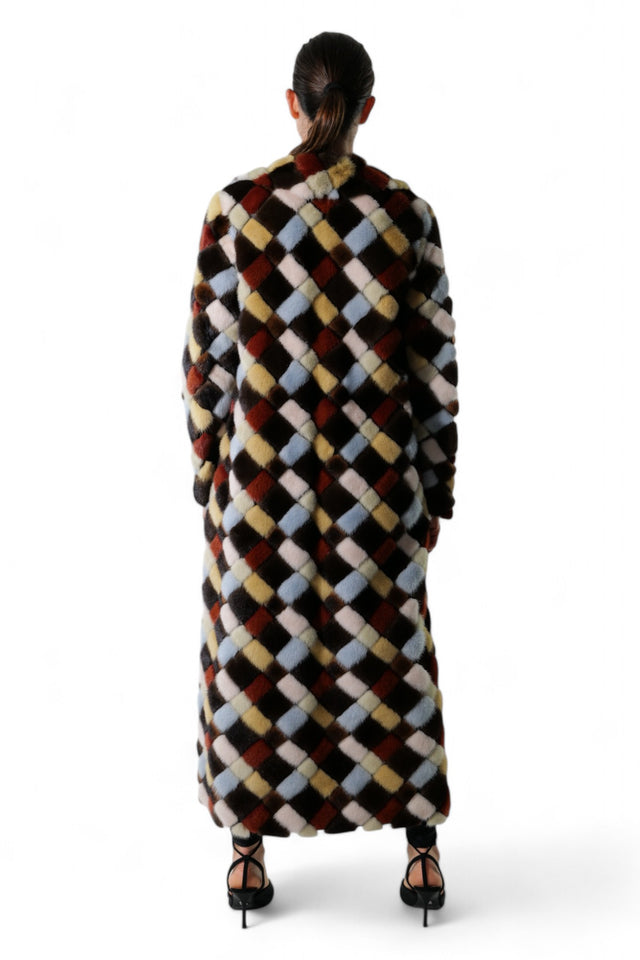 Valentino Multicolor Diamond-Patterned Long Fur Mink Coat