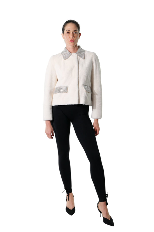 Valentino Elegant White Mink Fur Jacket with Crystal Accents