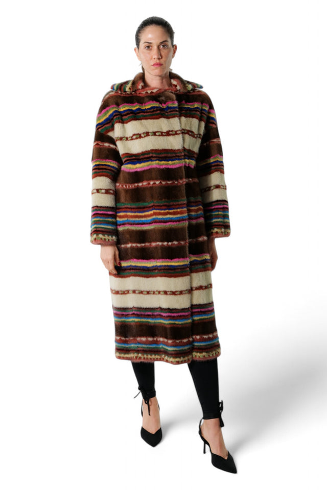 Valentino Multicolor Striped Mink Fur Long Coat