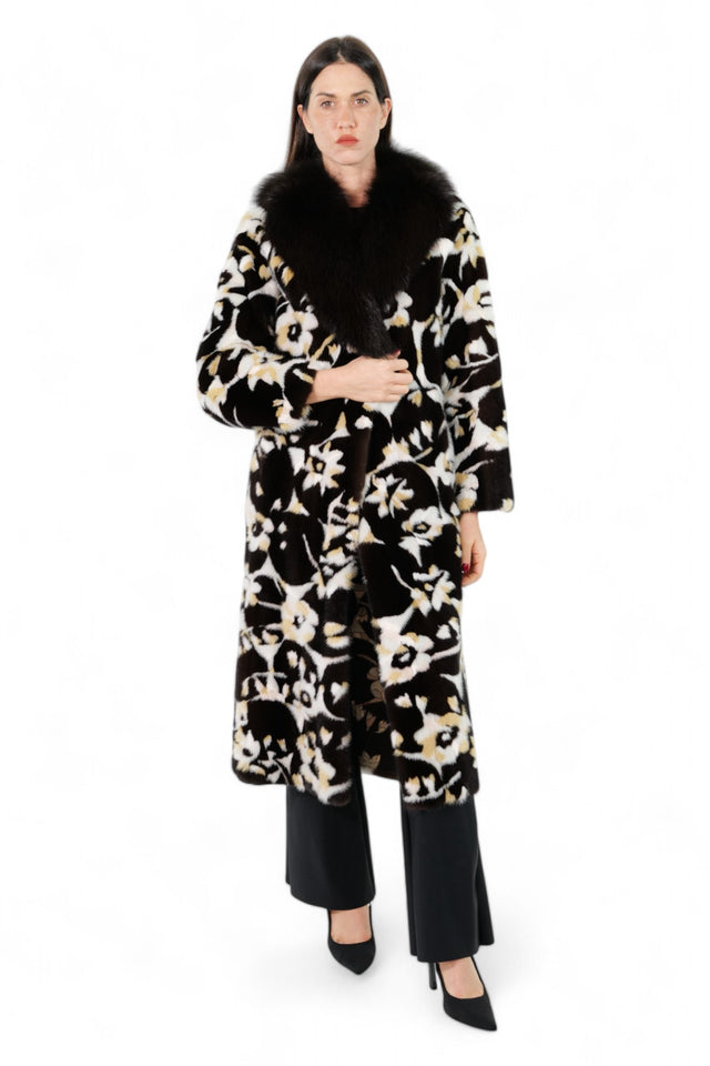 Valentino Floral Print Fur Coat with Black Fox Fur Collar