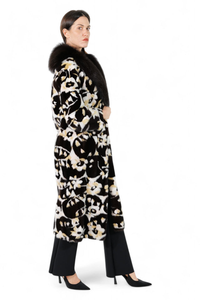 Valentino Floral Print Fur Coat with Black Fox Fur Collar