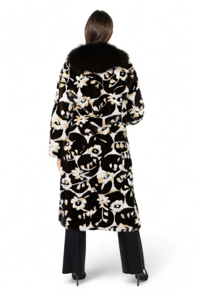 Valentino Floral Print Fur Coat with Black Fox Fur Collar