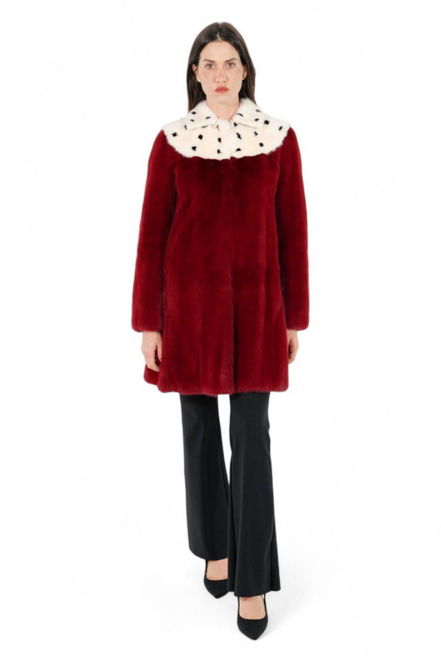 Valentino Burgundy Fur Coat with White Spotted Collar