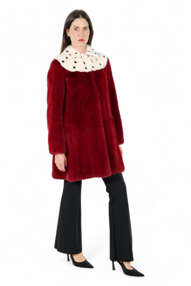 Valentino Burgundy Fur Coat with White Spotted Collar