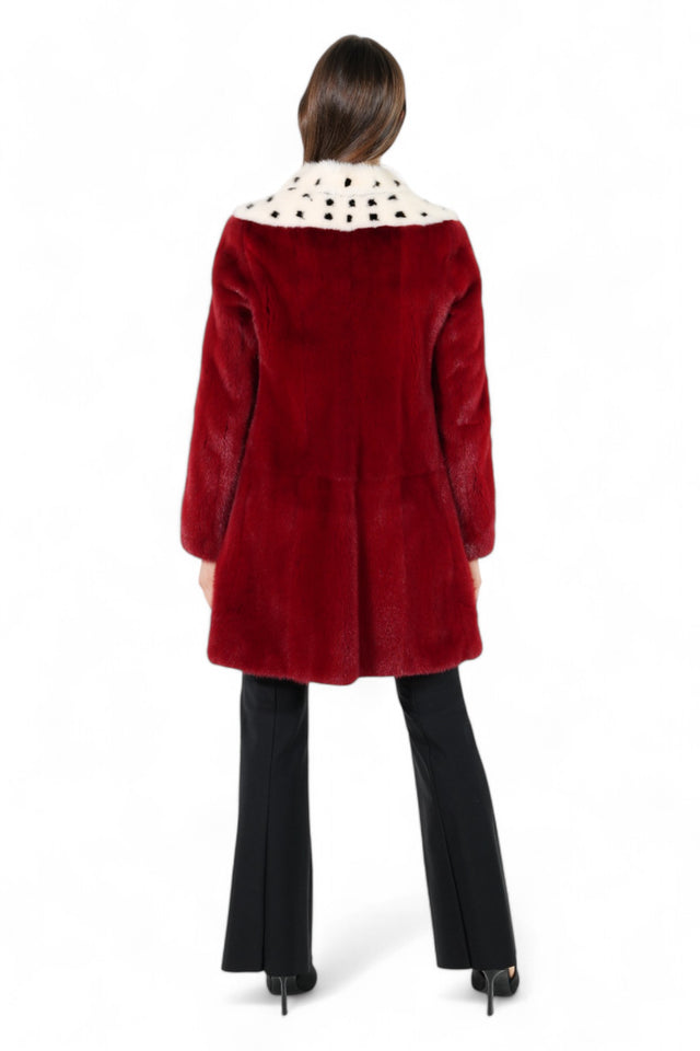 Valentino Burgundy Fur Coat with White Spotted Collar