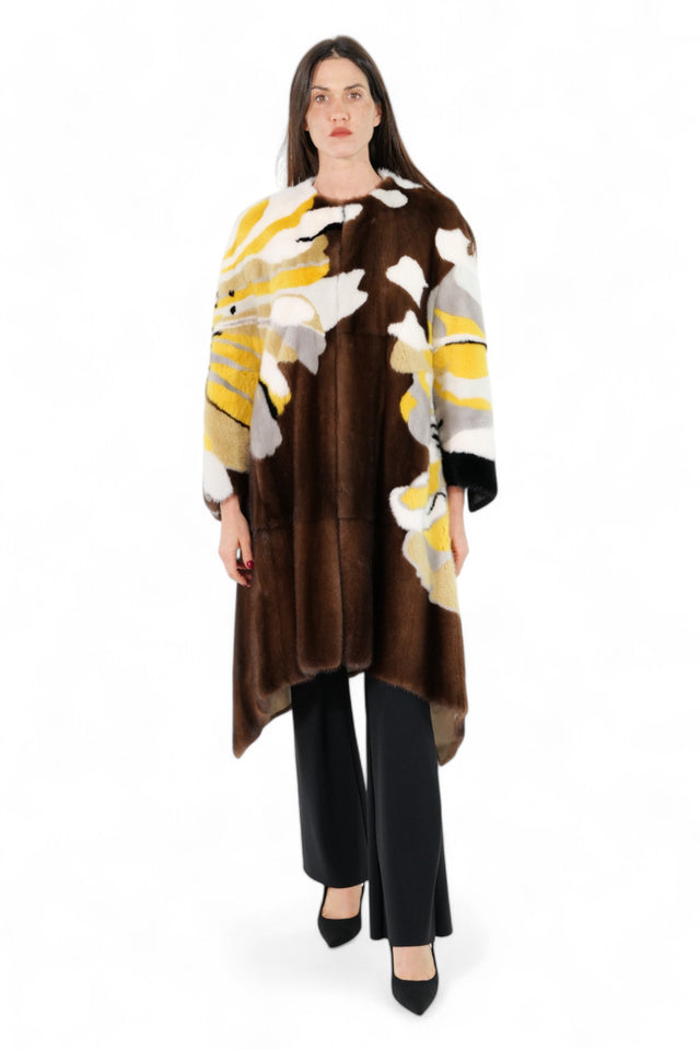 Valentino Brown Mink Coat with Yellow Floral Design