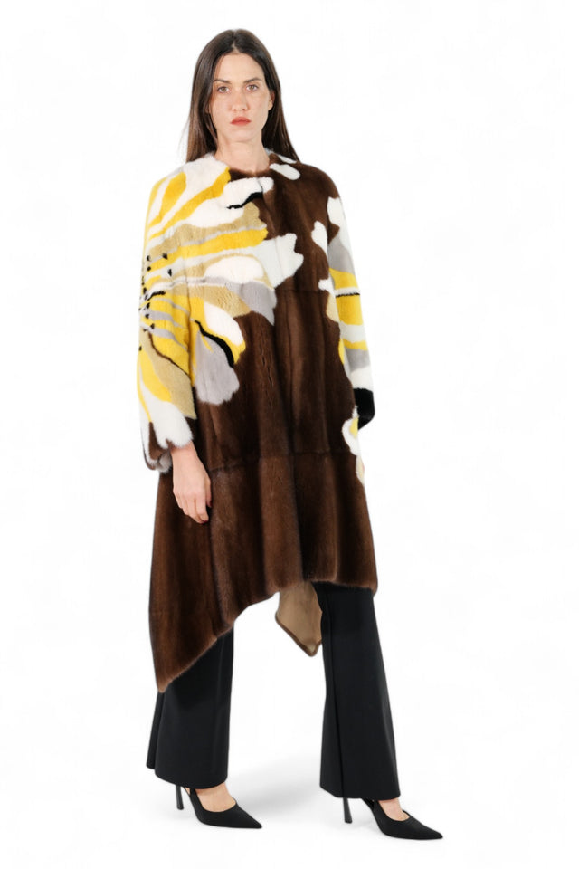 Valentino Brown Mink Coat with Yellow Floral Design
