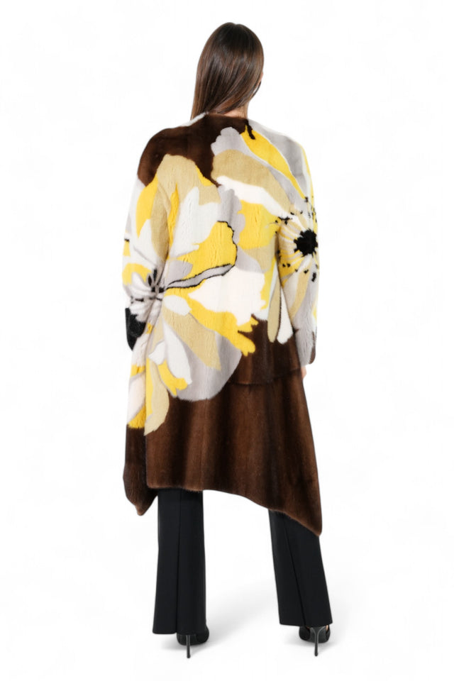Valentino Brown Mink Coat with Yellow Floral Design