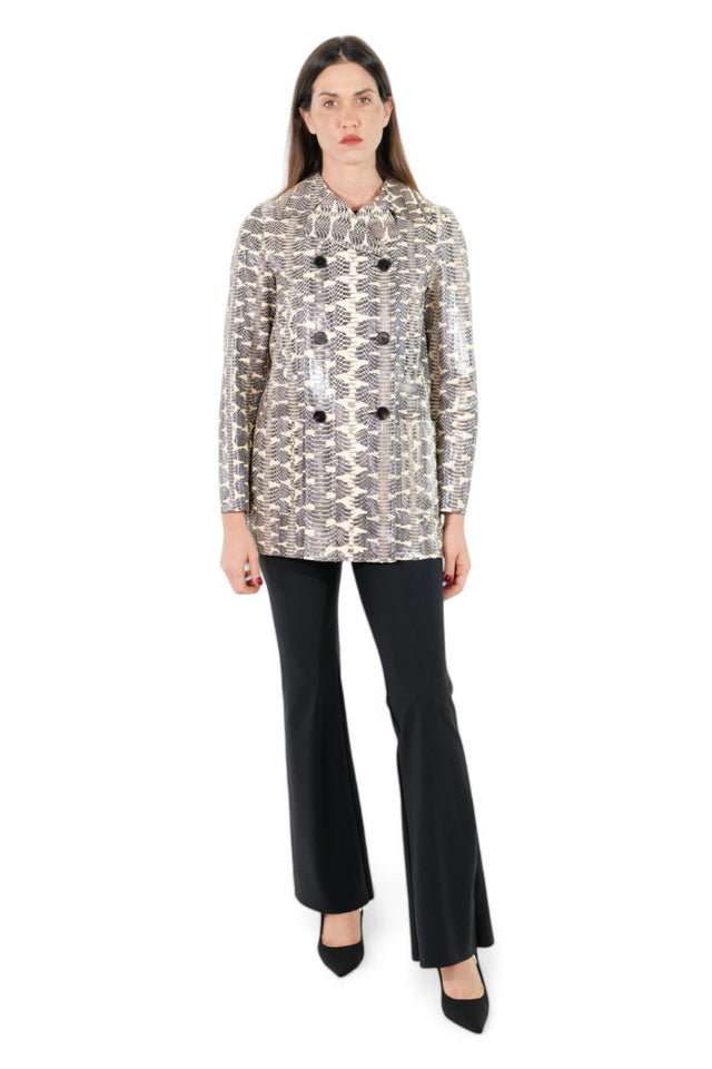 Valentino Python-Print Double-Breasted Coat — Neutral Tones