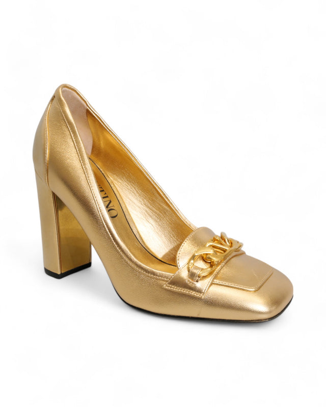 Valentino Garavani Gold Chain-Embellished Leather Pumps