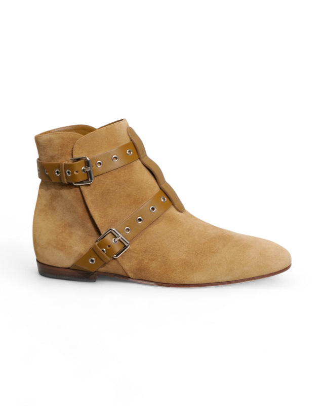 Valentino Garavani Women's Tan Suede Ankle Boots with Double Buckle Straps