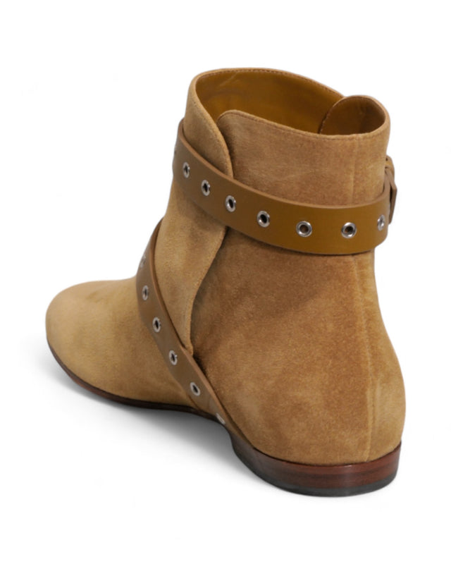 Valentino Garavani Women's Tan Suede Ankle Boots with Double Buckle Straps