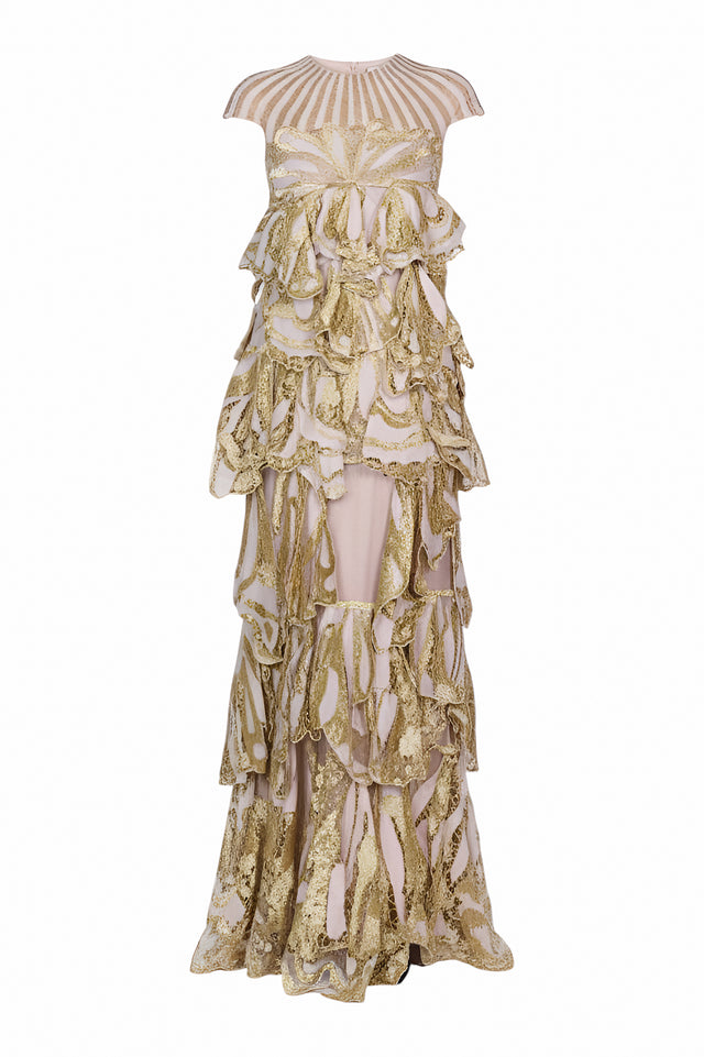 Valentino Embellished Gold Ruffle Gown