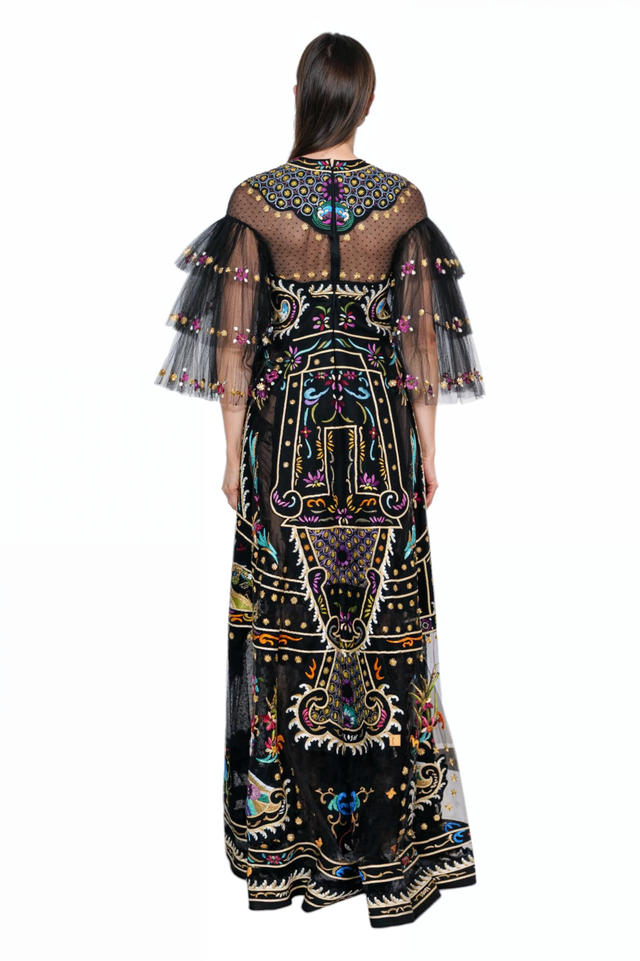 Valentino Embroidered Sheer Sleeve Gown