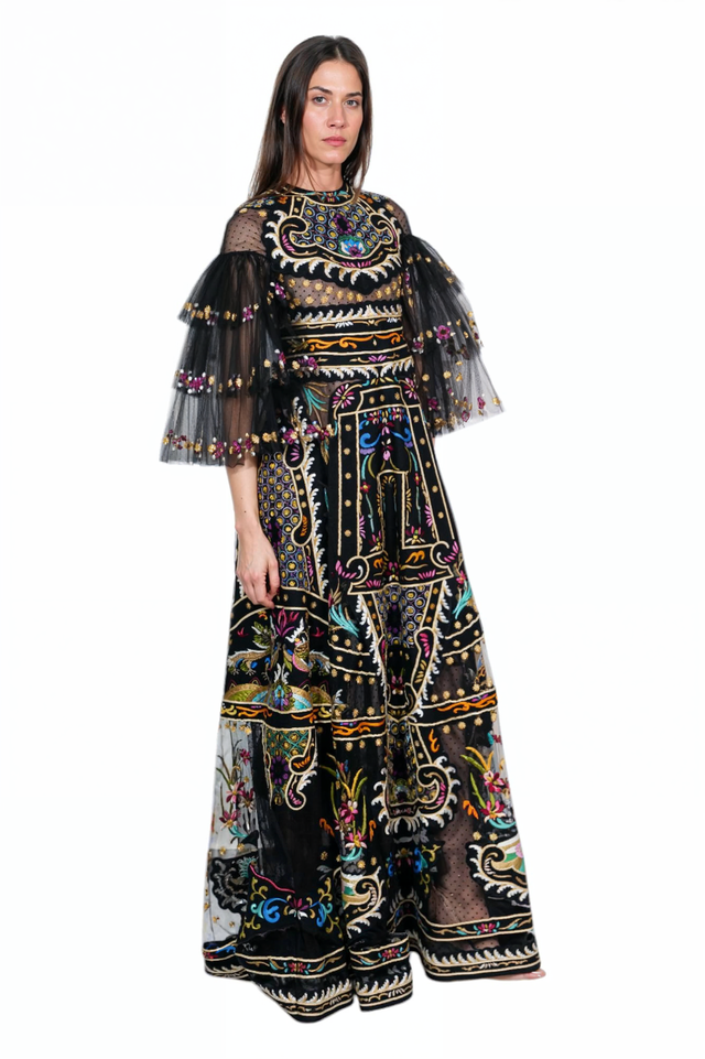Valentino Embroidered Sheer Sleeve Gown