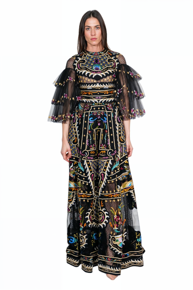 Valentino Embroidered Sheer Sleeve Gown