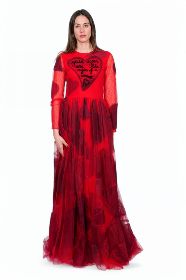 Valentino Sheer Red Heart-Embroidered Gown