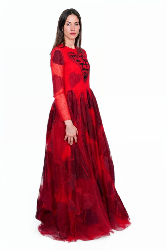 Valentino Sheer Red Heart-Embroidered Gown