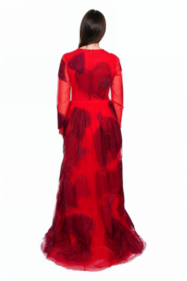 Valentino Sheer Red Heart-Embroidered Gown