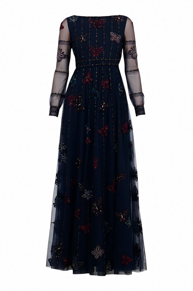 Valentino Embroidered Butterfly Navy Tulle Gown