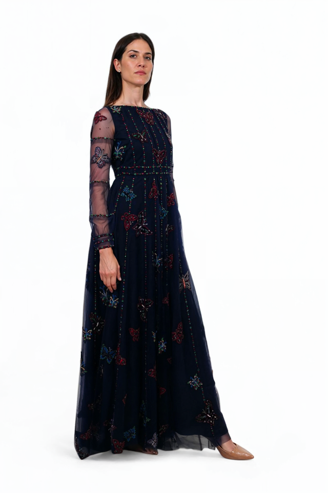 Valentino Embroidered Butterfly Navy Tulle Gown
