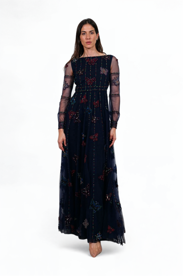 Valentino Embroidered Butterfly Navy Tulle Gown