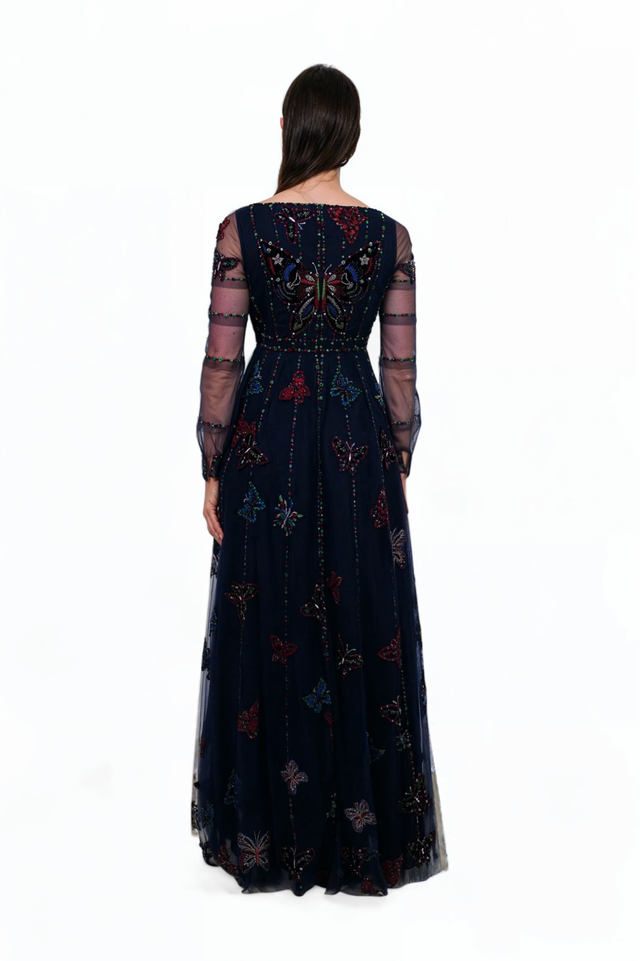 Valentino Embroidered Butterfly Navy Tulle Gown